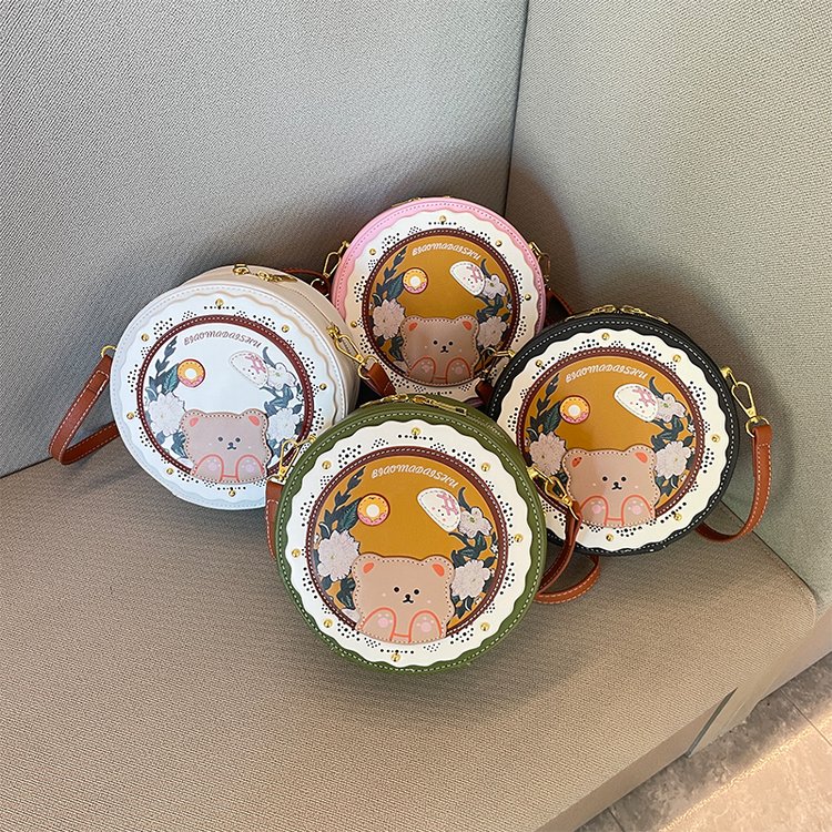 High-end niche cartoon round cake bag 2024 new style genuine leather fashion embroidered women's bag cross-border foreign trade cross-body bag