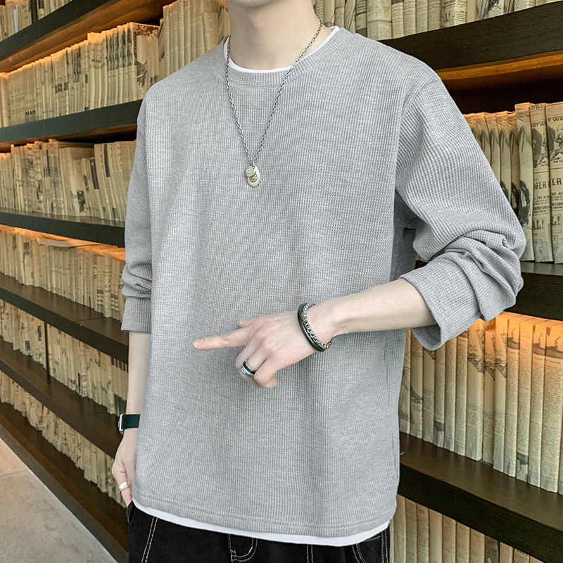 Waffle long-sleeved sweatshirt student round neck men's trendy loose trendy versatile top