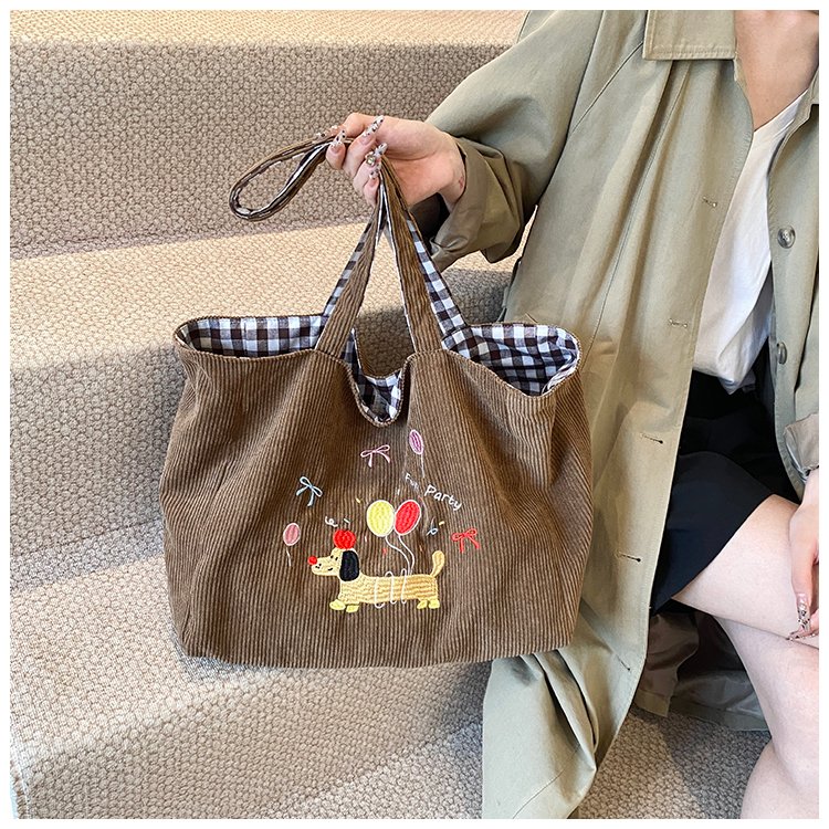 Homemade cute embroidered puppy shoulder bag large capacity tote bag autumn and winter new corduroy plaid dual-purpose bag for women