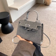 New style bag for women, diamond Kelly bag, diamond-encrusted, platinum hand-held shoulder bag, cross-body, Internet celebrity Douyin live broadcast popular style