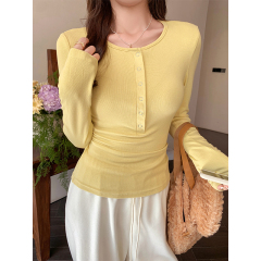Pure desire half open collar European and American long-sleeved T-shirt for women autumn new style right shoulder slim slim top
