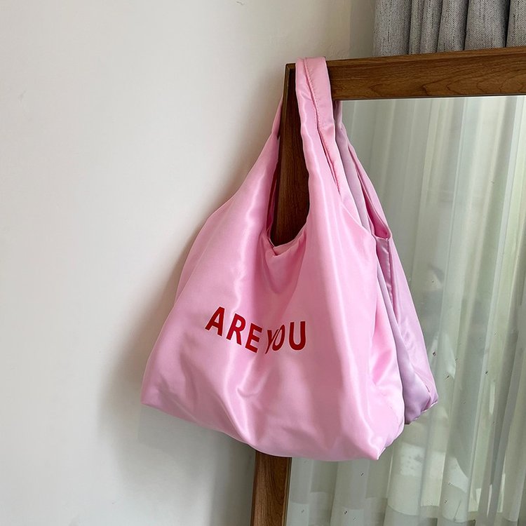 Korean ins niche canvas bag summer thin letter bag sweet pink shoulder bag