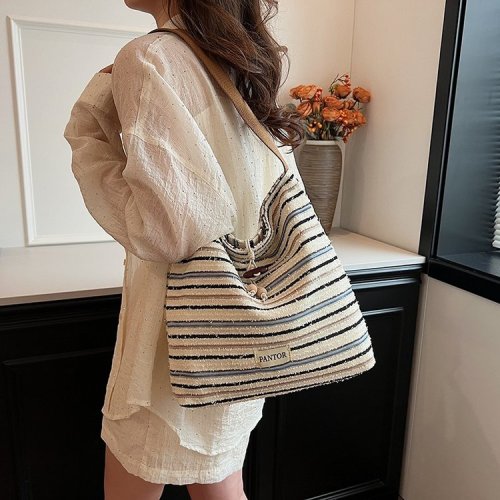 Korean style large-capacity striped handbag single shoulder crossbody underarm bag new literary girls canvas bag