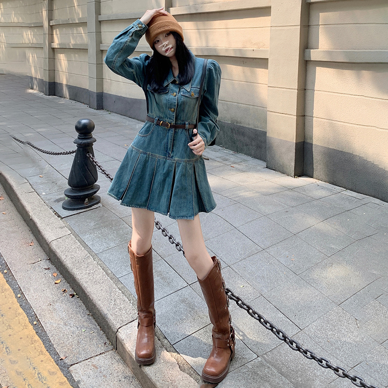 American retro autumn high-waisted denim dress for women Korean style waist-cinching long-sleeved slimming A-line skirt