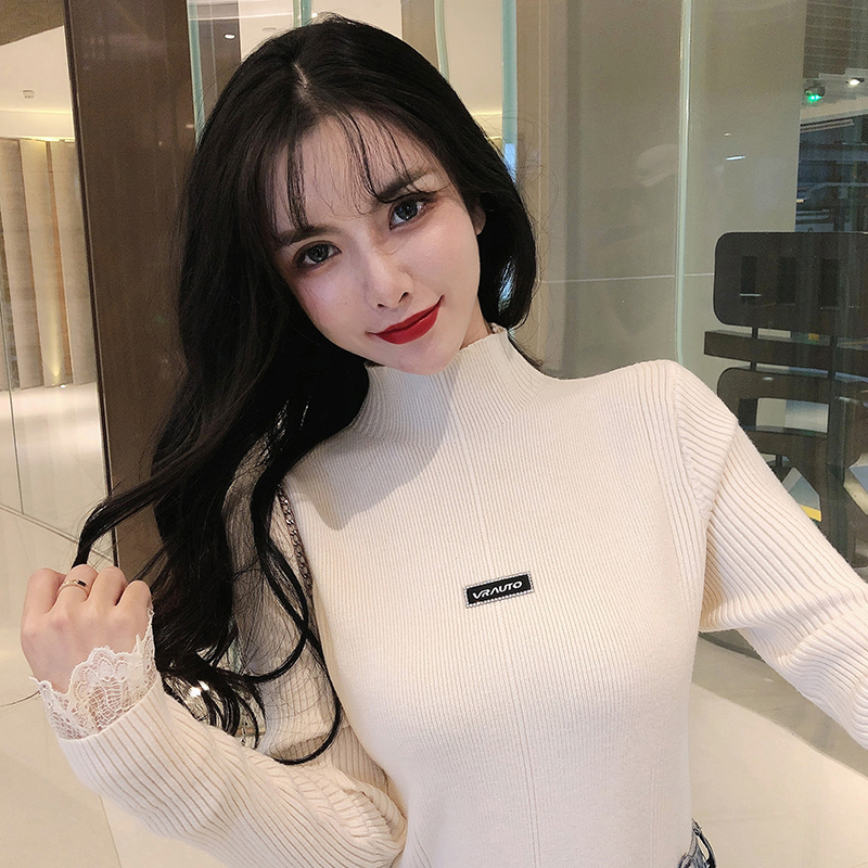 New style inner knitted bottoming shirt, black lace thickened top, turtleneck style sweater