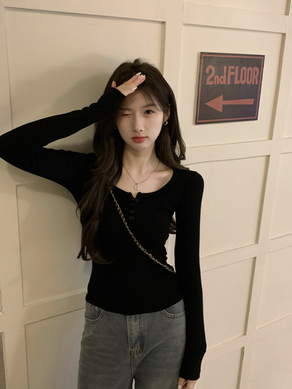 Ribbed German velvet 1*1240g buttoned half open collar exposed clavicle inner bottoming shirt for women