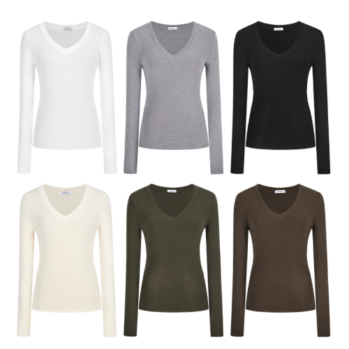 V-neck thickened brushed long-sleeved versatile T-shirt bottoming shirt for women in autumn and winter new slim fit inner top