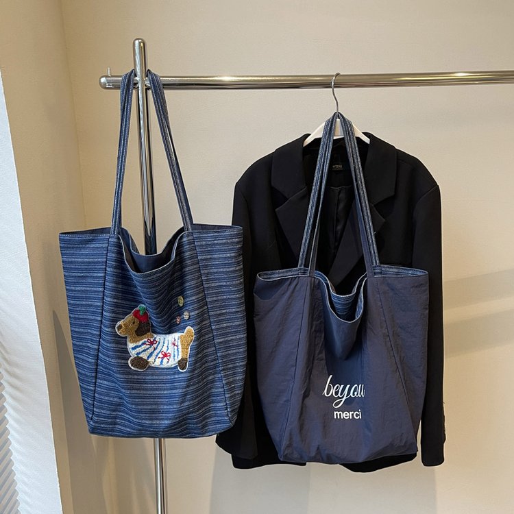 Striped denim double-sided shoulder bag large capacity casual tote bag women ins Korean style new portable school bag