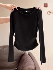 Waist design right shoulder long-sleeved T-shirt for women 2024 autumn pleated slim inner layering shirt pure cotton short top