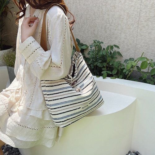 Korean style large-capacity striped handbag single shoulder crossbody underarm bag new literary girls canvas bag