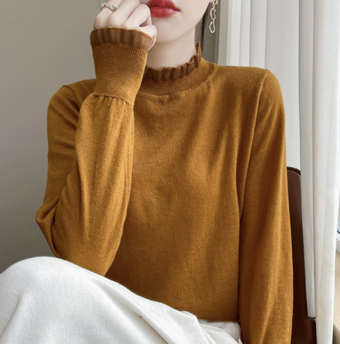 Lace fungus collar lace sweater women's autumn and winter loose and slim half turtleneck knitted bottoming shirt