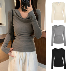 Lazy style swing collar slim fit long-sleeved T-shirt women's autumn and winter design casual versatile top