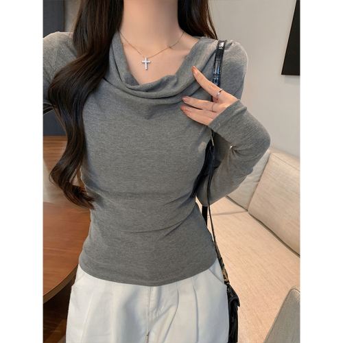Lazy style swing collar slim fit long-sleeved T-shirt women's autumn and winter design casual versatile top