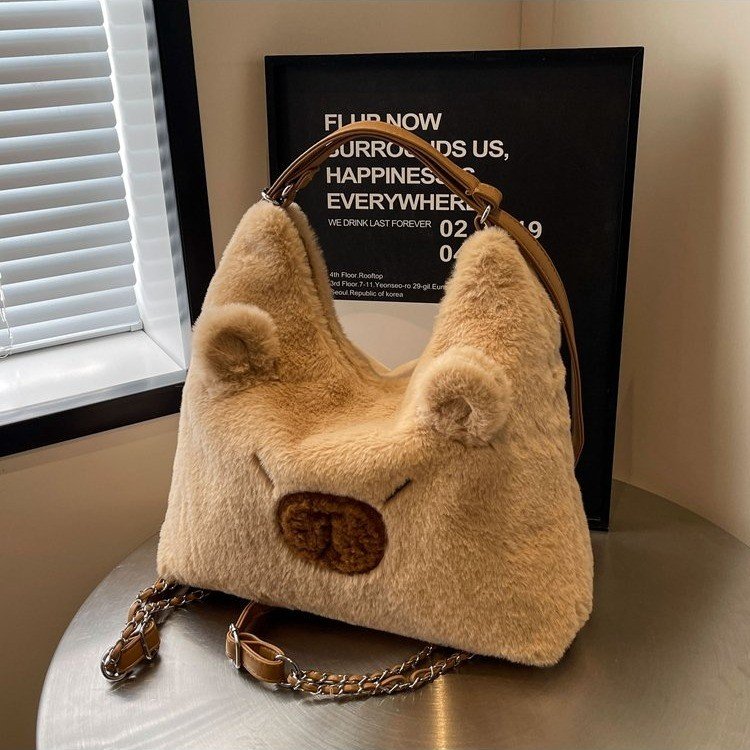 Korean version of cute single and double back plush bags 2024 new casual cartoon tote bag large capacity simple shoulder bag