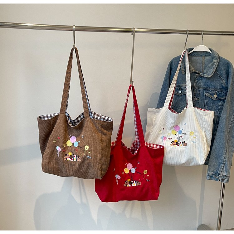 Homemade cute embroidered puppy shoulder bag large capacity tote bag autumn and winter new corduroy plaid dual-purpose bag for women