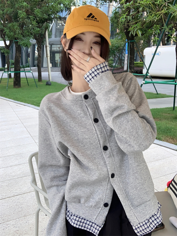 Fake two-piece plaid stitching sweatshirt jacket 2024 autumn new niche design baseball top for women
