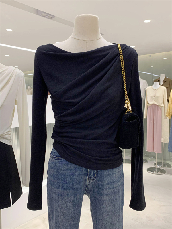 2024 new autumn style high-end temperament slim fit one-line collar pleated design long-sleeved T-shirt for women