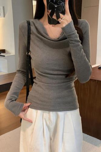 Lazy style swing collar slim fit long-sleeved T-shirt women's autumn and winter design casual versatile top