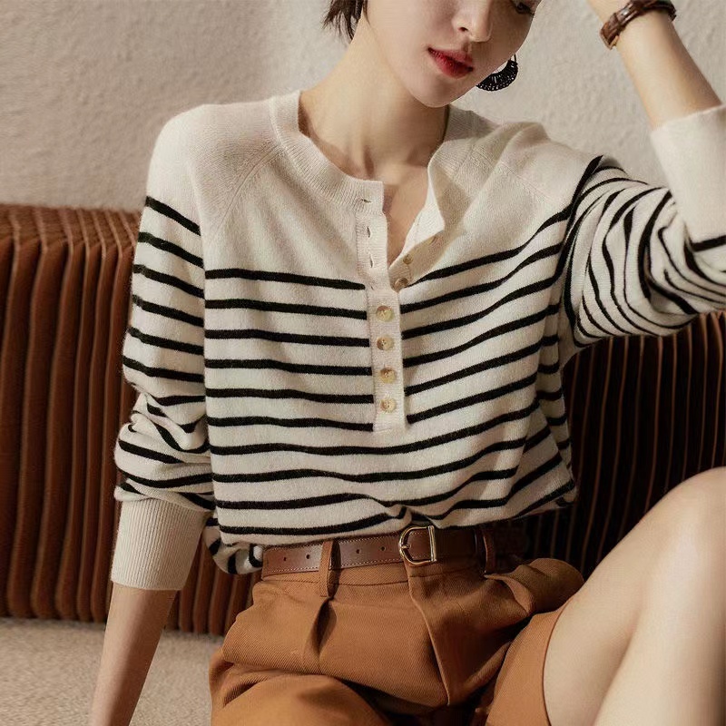 French lazy simple striped pure cashmere loose lantern sleeve sweater