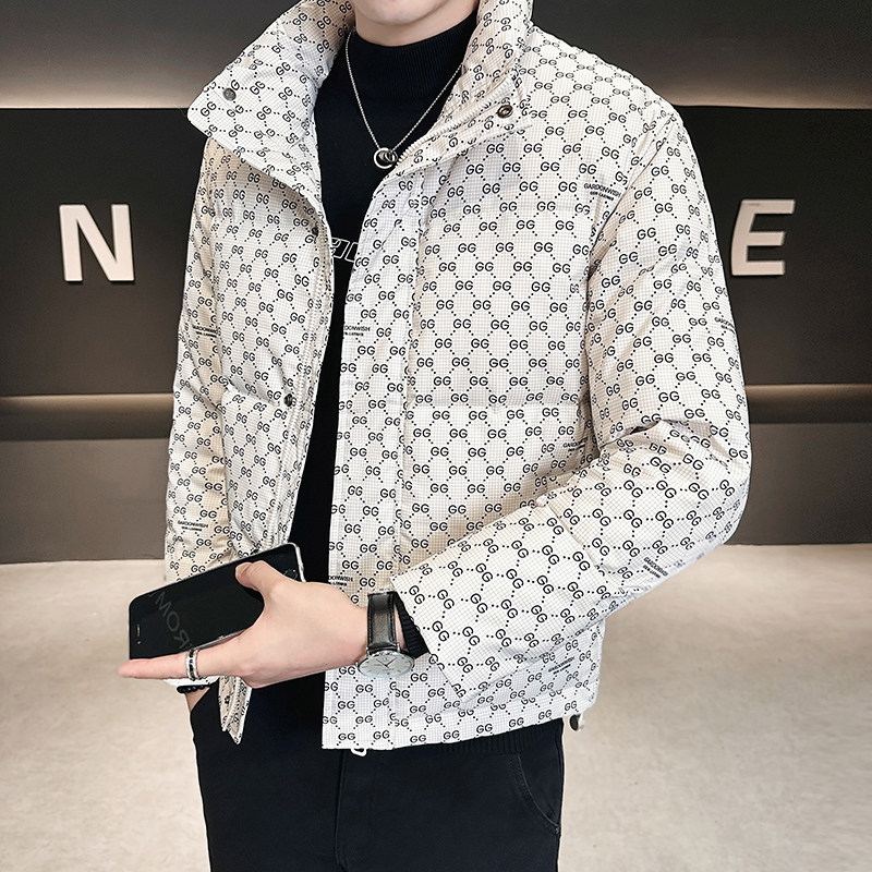 Shopkeeper style winter letter stand collar down jacket men's casual warm jacket ready for sale