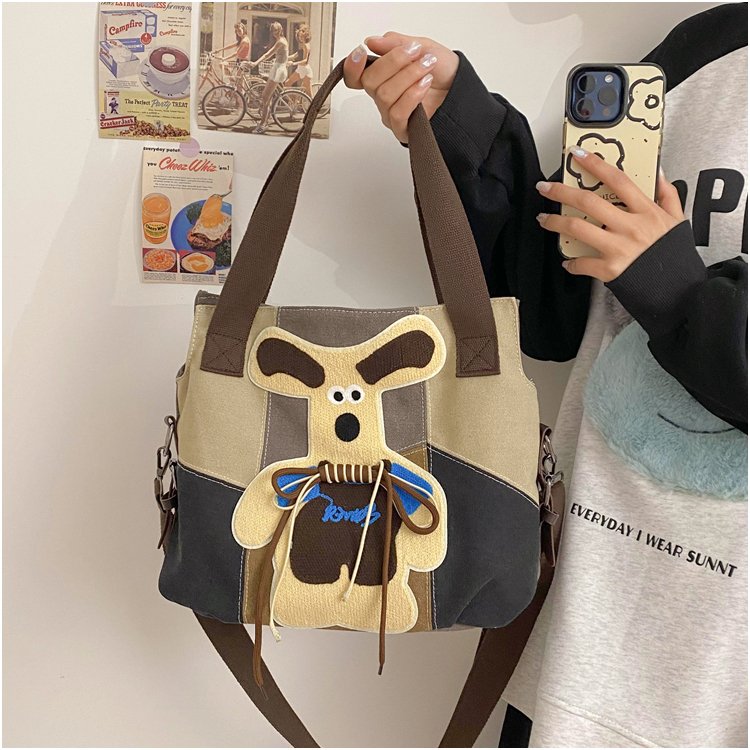 New Cute Puppy Japanese Contrast Color Handheld Tote Bag Retro Splicing Large Capacity Tuition Bag for Primary and Secondary School Students