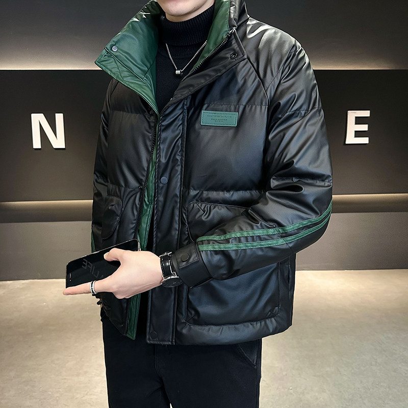 Shopkeeper style winter trendy stand collar PU leather down jacket men's warm jacket ready for sale