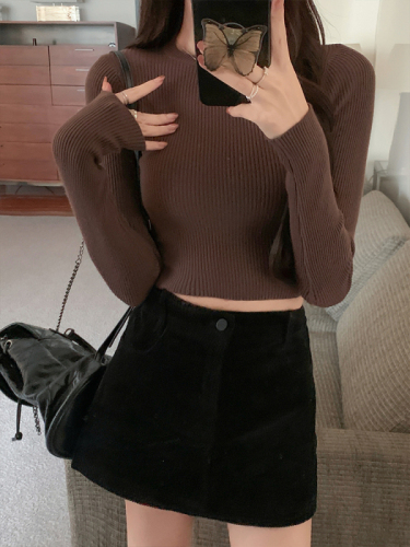 Simple woolen sweater round neck pullover hot girl short slim top for women