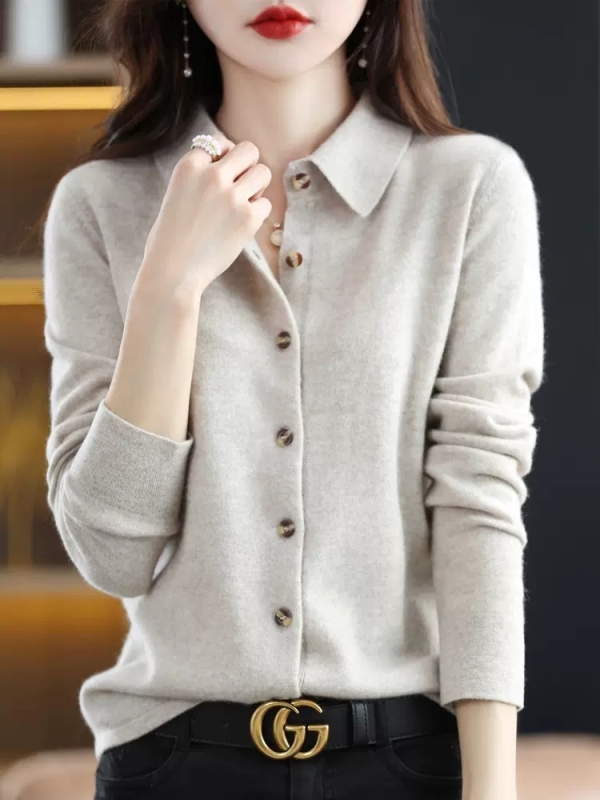 Autumn and winter POLO collar knitted shirt, loose long-sleeved sweater, non-cashmere cardigan, temperament lapel jacket as base layer