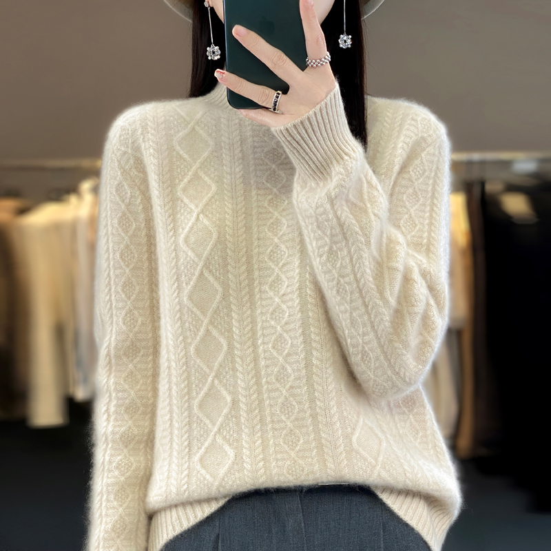 New autumn and winter woolen sweaters for women half turtleneck cable thickened sweater pullover cashmere knitted bottoming sweater