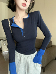 Fake two-piece contrasting color long-sleeved T-shirt for women, autumn and winter inner layering shirt, round neck slim fit trendy top