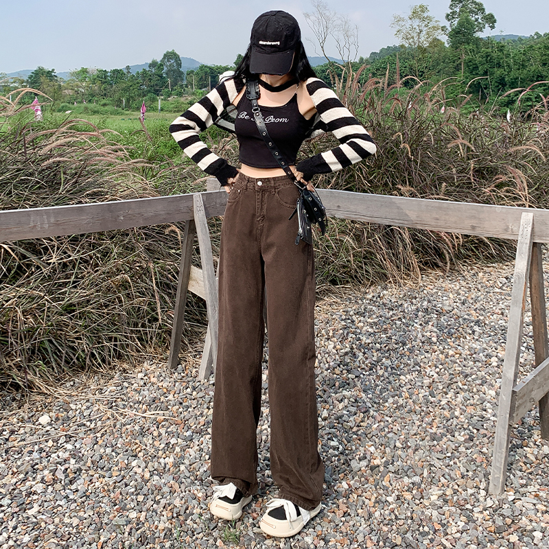 Autumn and winter high-waist slim wide-leg jeans for women, loose, simple and versatile straight-leg floor-length trousers