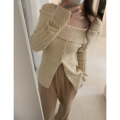 One-shoulder bottoming shirt for women with sweater hot girl knitted cardigan new early spring high-end top