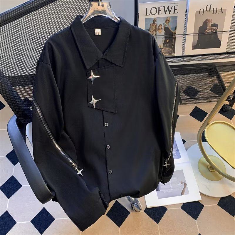 Hong Kong style spring and summer men's long-sleeved shirt cross stitching slit zipper casual shirt