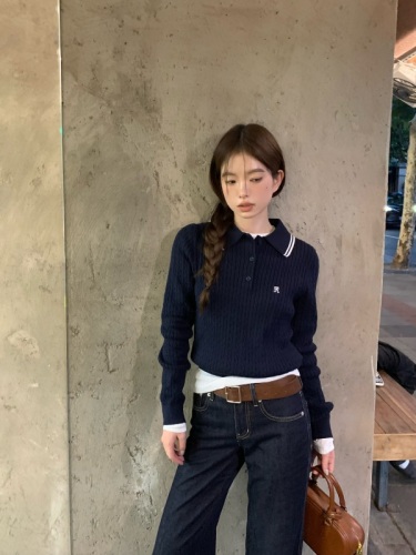 Lazy style Korean style loose retro long-sleeved embroidered linen sweater