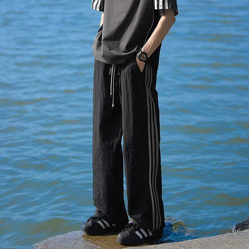Three-stripe quick-drying casual pants for men, summer thin, loose, versatile, straight-leg sports trousers