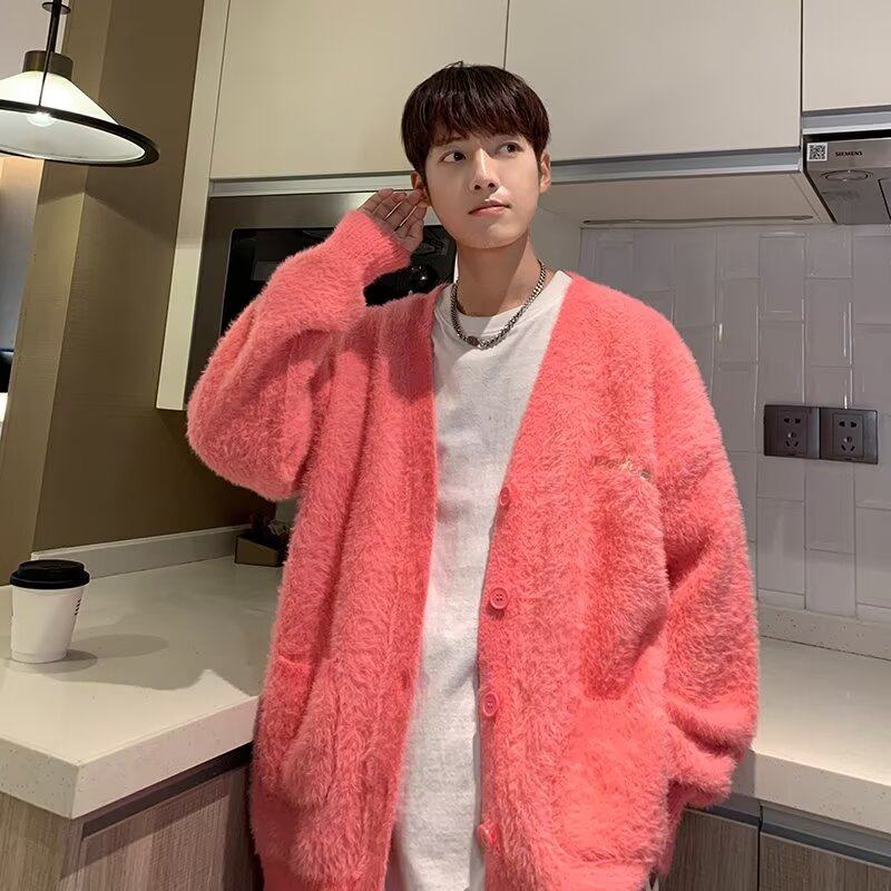 Autumn and winter mink cardigan sweater men's V-neck embroidery casual retro student outer wear sweater trendy