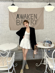 Korean black suit jacket + lace suspenders + short skirt three-piece set