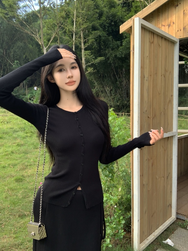 Knitted Cardigan Suit Women's Autumn Jacket Slim-fitting Black Skirt Design Niche Two-piece Set