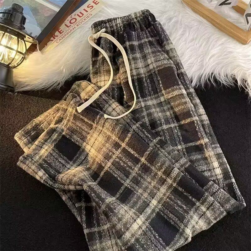 Wool plaid pants for men, autumn and winter couples style straight wide leg pants, versatile high waisted casual sweatpants