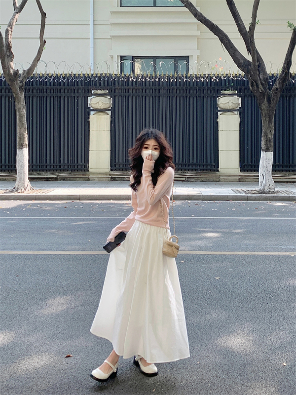 One-shoulder, discreet, lazy and gentle long-sleeved knitted top for women + half-length skirt two-piece set