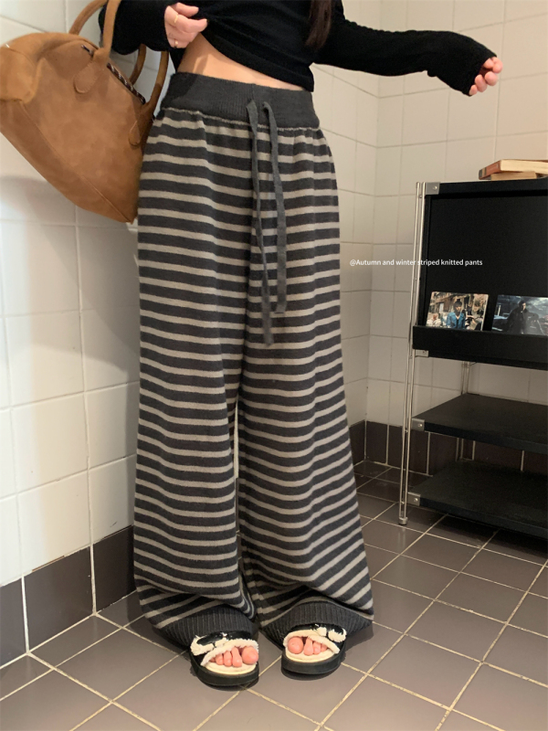 2024 autumn and winter new style lazy style thick warm striped wool comfortable knitted casual pants