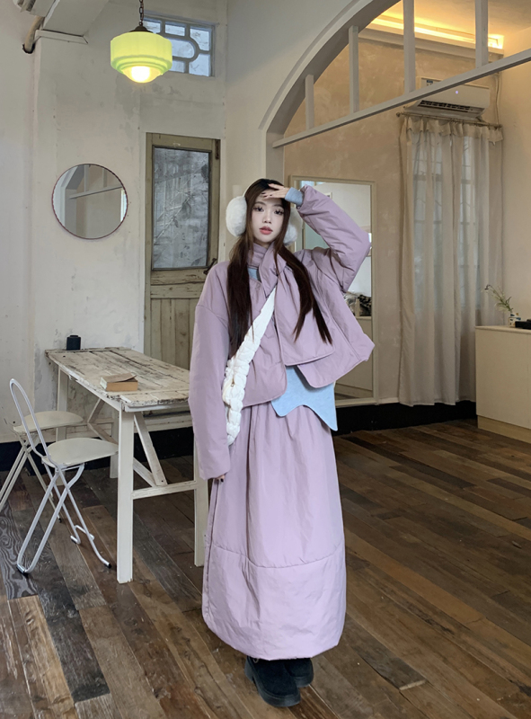 Designed solid color casual suit, loose and versatile cotton jacket + skirt