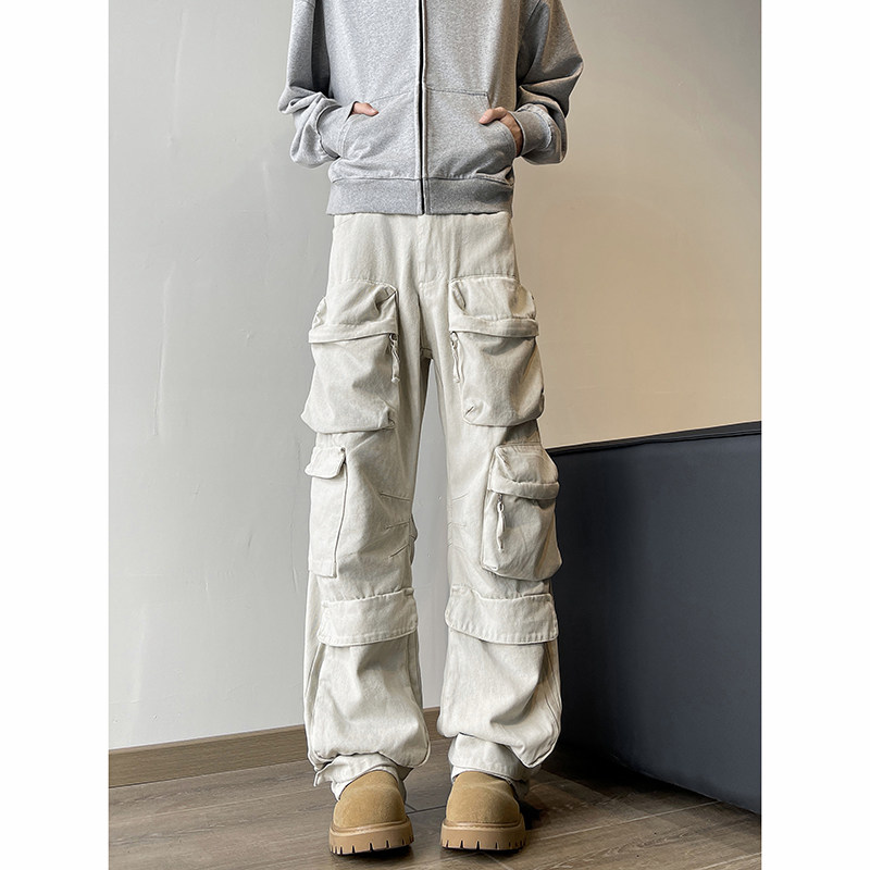 American retro multi-pocket zipper overalls spring and autumn men's high street loose casual wide-leg trousers