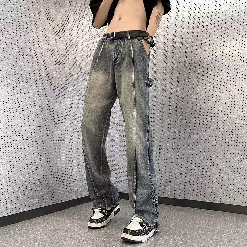 Jeans men's American retro European and American high street vibe loose Hong Kong style zipper slit slightly flared pants