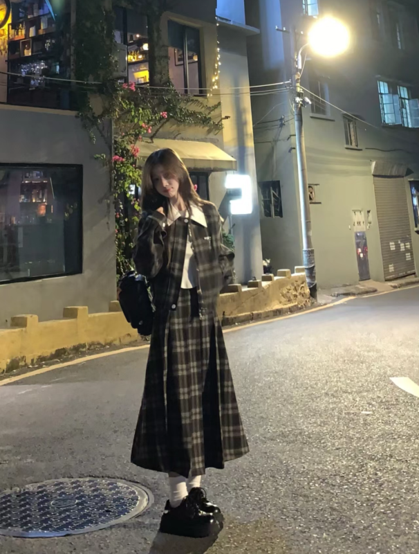 Retro small lapel plaid baseball jacket + skirt