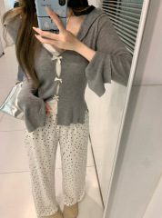 Pure desire heavy industry lace vest + polka dot drape trousers + wool bow gray top