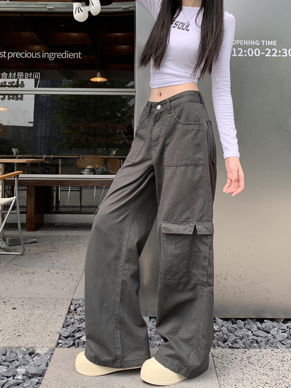 Gray wide-leg denim overalls for women early autumn new high-waisted loose straight casual floor mopping pants