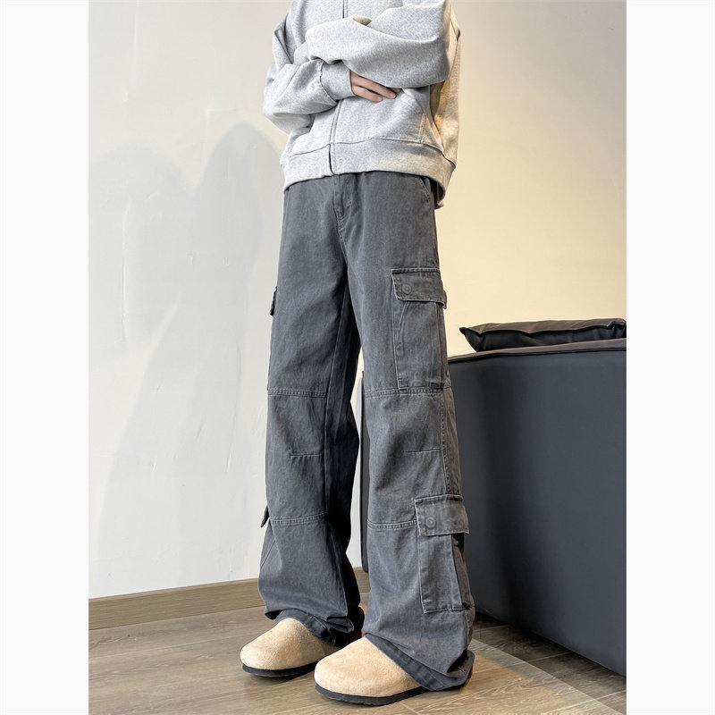 Overalls men's American retro washed casual pants distressed gray logging overalls men's