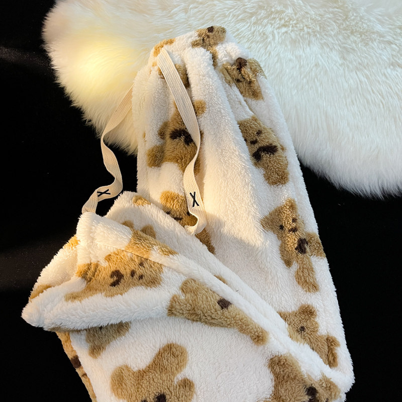 Winter lamb velvet casual pants for men, thickened and warm, cartoon bear trousers ins trendy brand loose casual straight pants