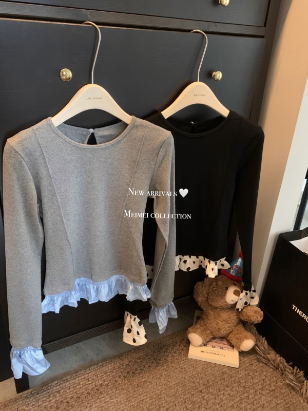 Contrast color patchwork polka-dot knitted fake two-piece bottoming top